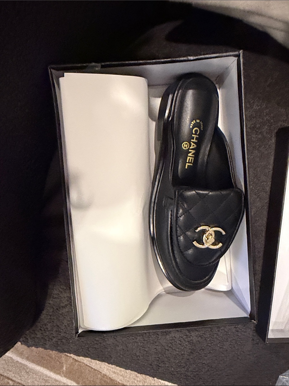 CHANEL Black Quilted Leather Slide with Gold CC Emblem